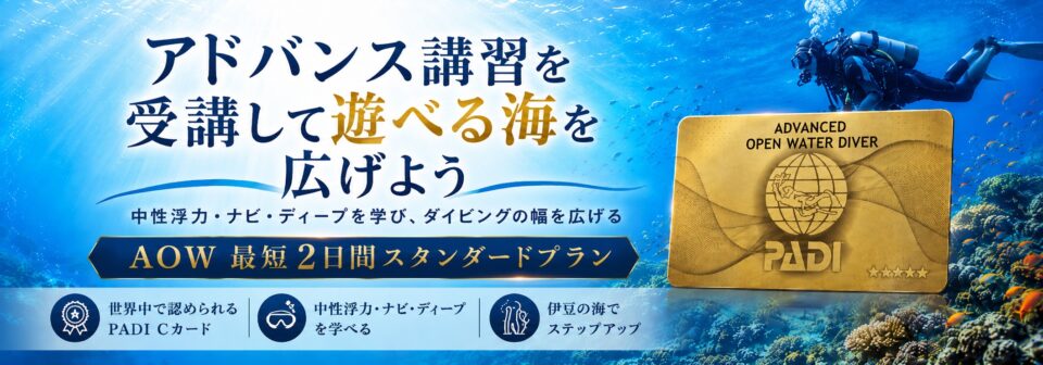 PADIアドバンスド講習の最短2日間スタンダードプランを紹介するバナー画像。中性浮力・ナビ・ディープを学び、伊豆の海でダイビングの幅を広げるコース。