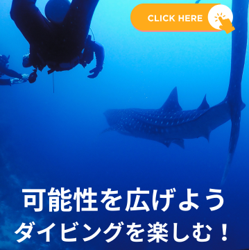 ジンベエザメと泳ぐダイバーたちの水中シーン。「可能性を広げよう ダイビングを楽しむ！」というメッセージ付き。
