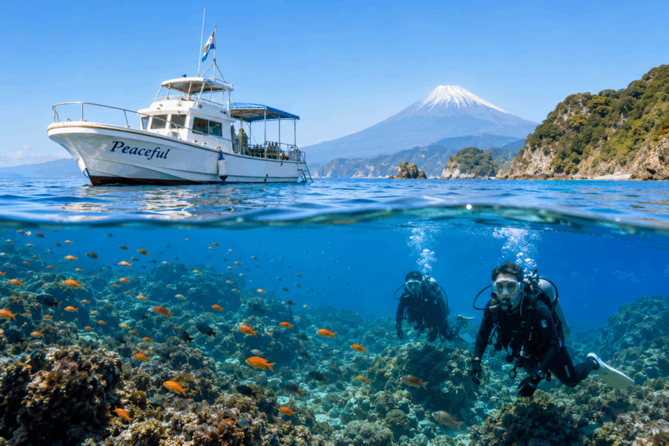 西伊豆の海と富士山を背景にダイビングを楽しむイメージ画像
