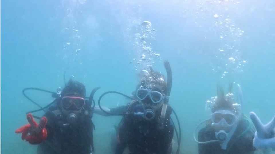 田子・瀬浜の水中で記念撮影する社員旅行の体験ダイビング参加者