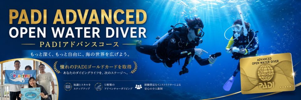 PADIアドバンスコースとゴールドカード取得をイメージした水中バナー