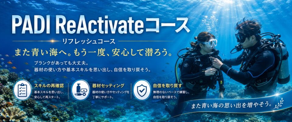 PADI ReActivateコースでブランクのあるダイバーが青い海へ戻るイメージのバナー