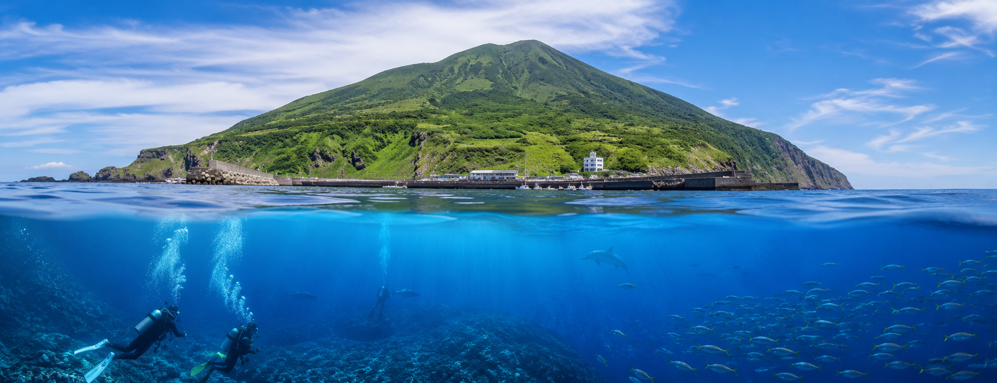 利島の海とイルカ・魚影をイメージした伊豆諸島の景色