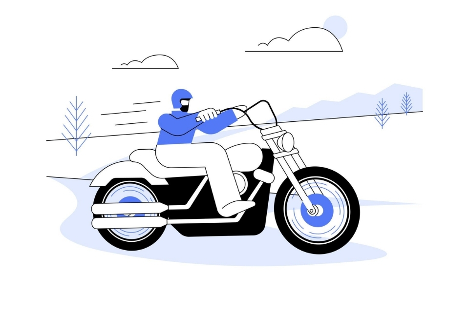 40代・50代から始める大人の趣味として、海沿いの道をバイクで走る爽快感や自由と、公道ならではの緊張感を表したイラスト