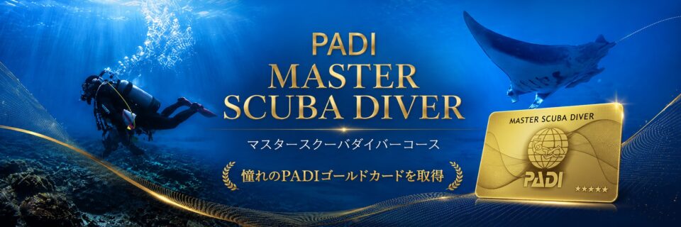 PADIマスター・スクーバ・ダイバーコースとゴールドカード取得をイメージした水中バナー