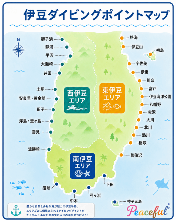 伊豆ダイビングポイントマップ 大瀬崎 平沢 井田 田子 雲見 伊豆海洋公園 富戸 川奈 熱海 神子元島など