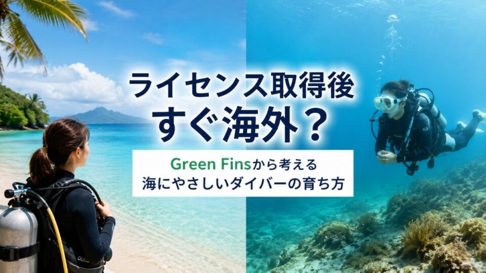 ダイビングライセンス取得後すぐ海外に行く前に、Green Finsから海にやさしいダイバーの育ち方を考えるブログのアイキャッチ画像