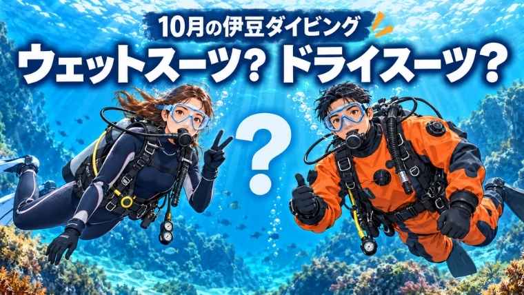 10月の伊豆ダイビングでウェットスーツとドライスーツを比較するイラスト