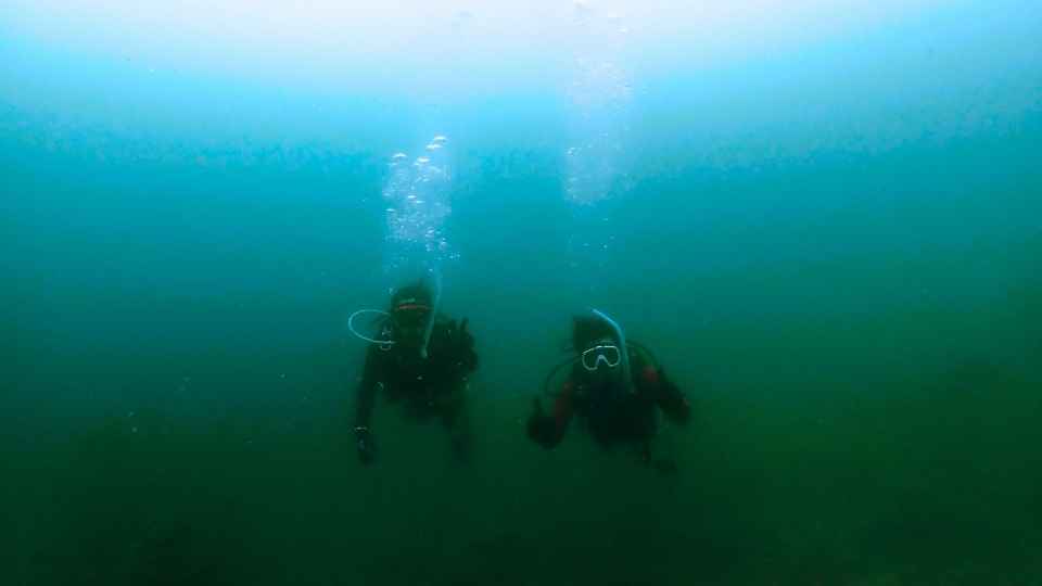 大瀬崎の水中でピースサインをするファンダイバー2人