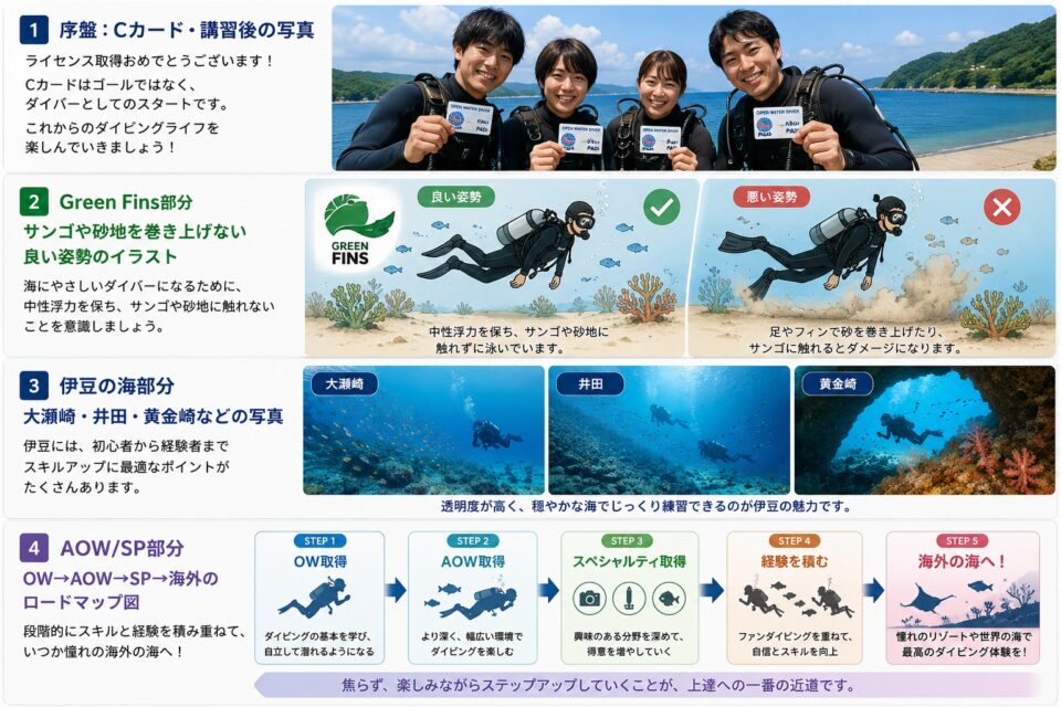 オープンウォーターダイバー取得後にAOW、スペシャルティ、海外ダイビングへ進む成長ロードマップ図